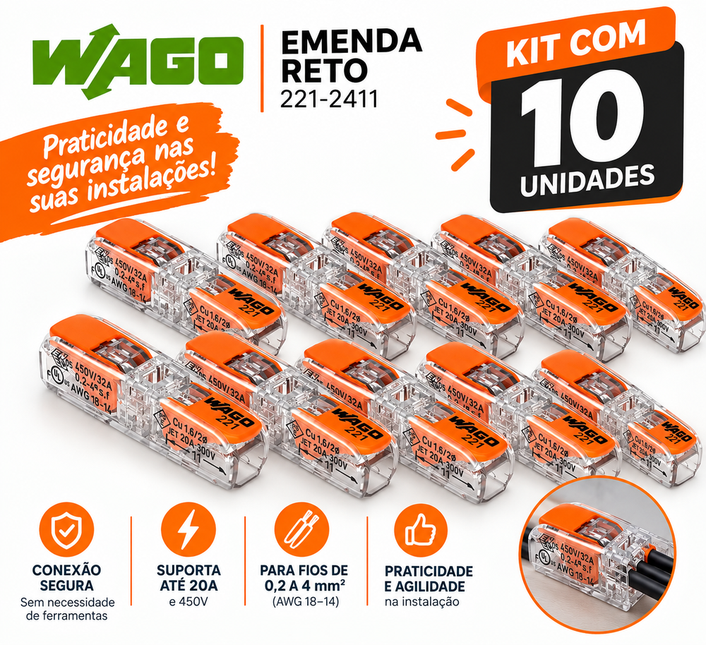 Kit com 10 Unidades Conector de Emenda Reto WAGO 221-2411