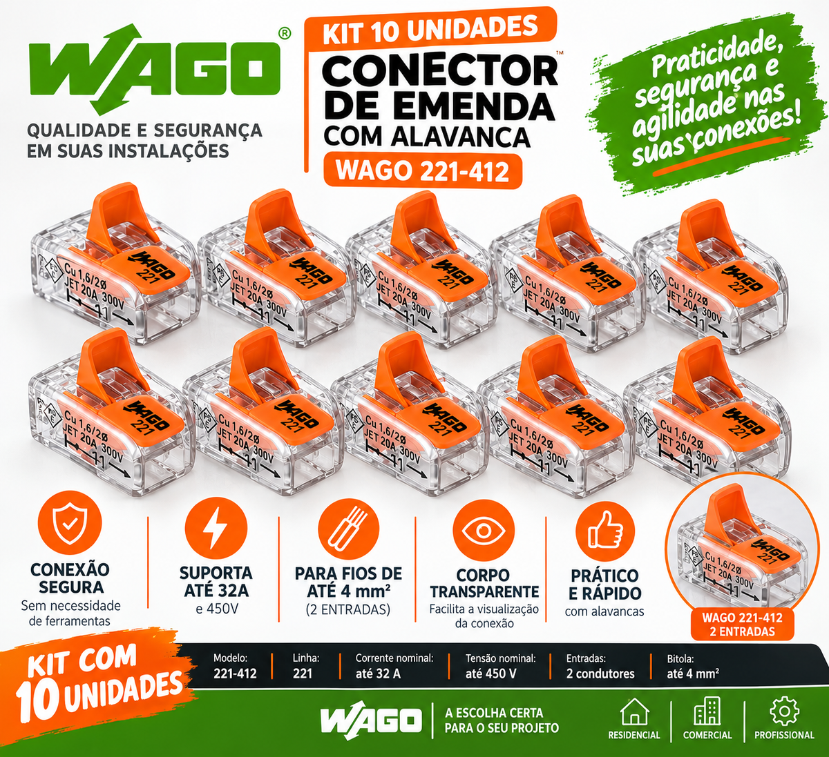 Kit 10 Unidades Conector de Emenda WAGO 221-412