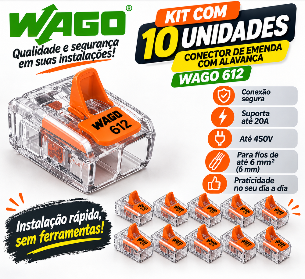Kit 10 Unidades Conector de Emenda WAGO 221-612